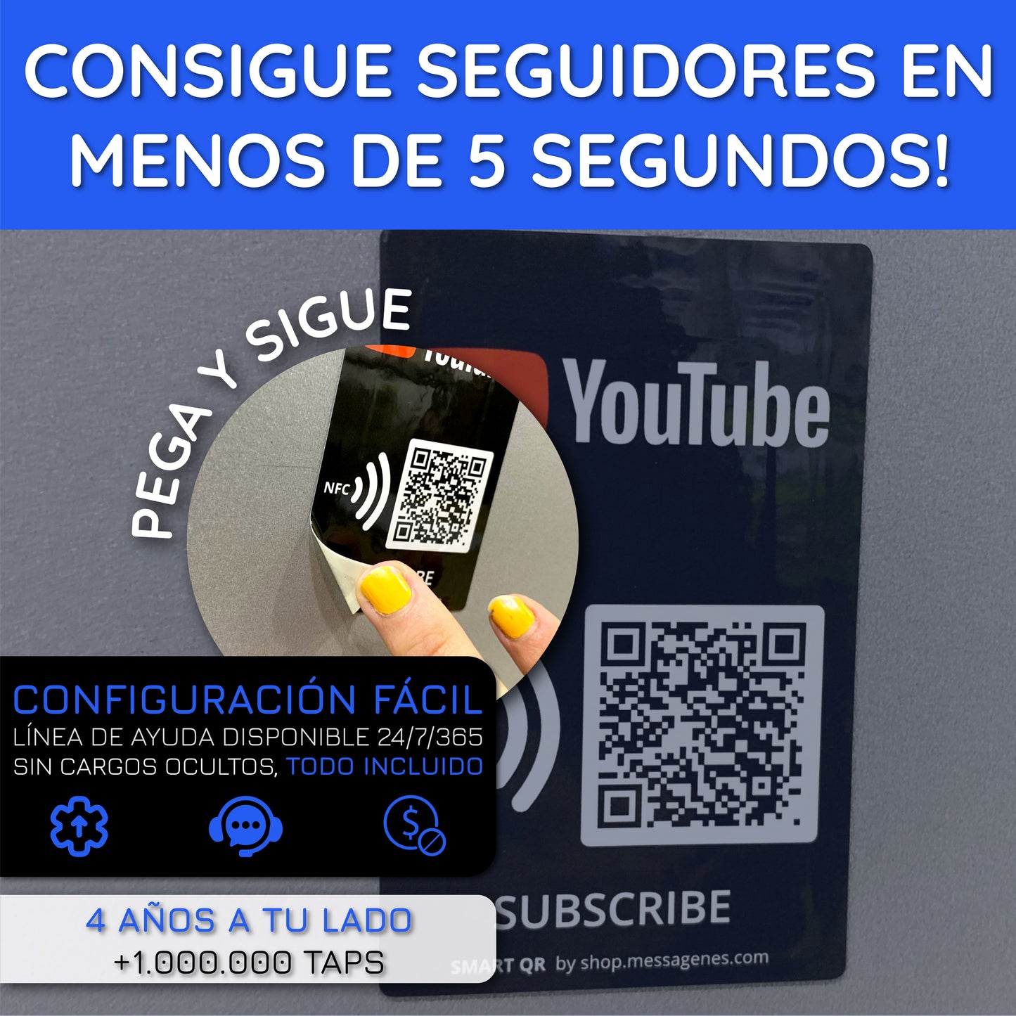 Pegatina YouTube para Conseguir Suscriptores y Visualizaciones con QR y NFC