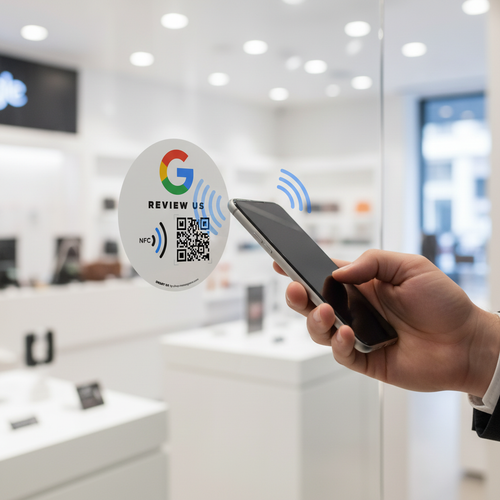 Pegatina Blanca Redonda de Google con QR y NFC para Conseguir Reseñas (Copia)